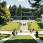A Serralves Múzeum és Park zöld területe Portón, látogatók séta közben.