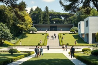 A Serralves Múzeum és Park zöld területe Portón, látogatók séta közben.
