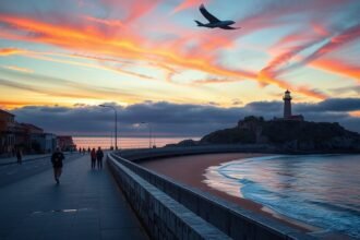Naplemente a Foz do Douro tengerpartján, világítótoronnyal és sétálókkal.