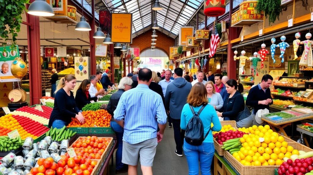 Bolhão piac, élénk árusítás friss gyümölcsökkel és zöldségekkel Portugáliában.