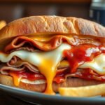 Francesinha szendvics olvadt sajttal és füstös szósszal