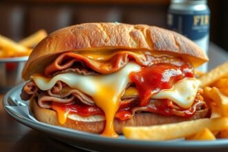 Francesinha szendvics olvadt sajttal és füstös szósszal