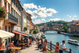 Napsütéses sétány Porto városában, emberek és hajók a folyón