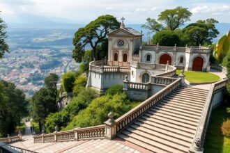 A Bom Jesus do Monte barokk kegyhely lépcsősora és kilátás Braga fölött.
