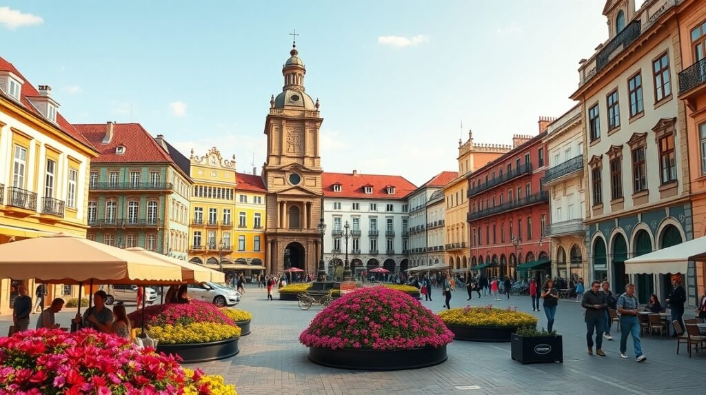 A Praça da República hangulatos utcái és színes virágágyásai Braga városában.