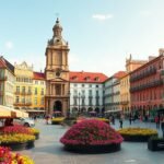 A Praça da República hangulatos utcái és színes virágágyásai Braga városában.