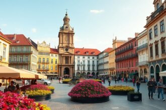 A Praça da República hangulatos utcái és színes virágágyásai Braga városában.