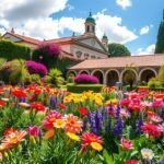 Színes virágok a Braga Santa Barbara kertjében, gyönyörű kilátással.