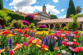 Színes virágok a Braga Santa Barbara kertjében, gyönyörű kilátással.