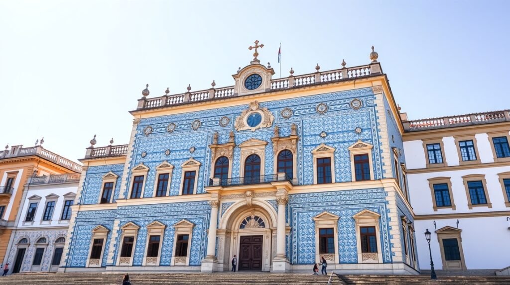 A Raio palota homlokzata kék csempékkel Braga városában.