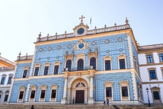 A Raio palota homlokzata kék csempékkel Braga városában.