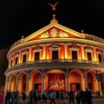 A Theatro Circo épülete Braga városában, éjszakai világítással.