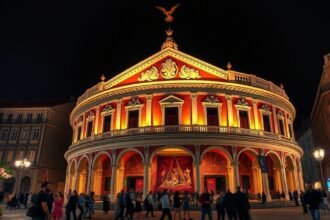 A Theatro Circo épülete Braga városában, éjszakai világítással.