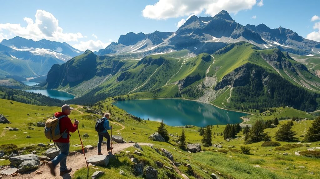 Két túrázó a Retyezát-hegységben, gyönyörű tengerszemekkel és hegyekkel körülvéve.