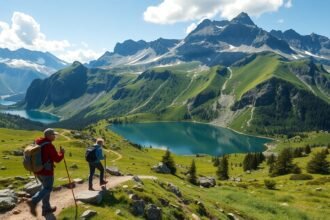 Két túrázó a Retyezát-hegységben, gyönyörű tengerszemekkel és hegyekkel körülvéve.