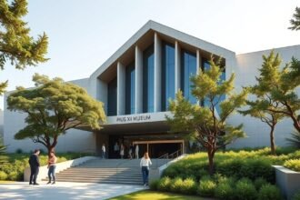 Piusz Múzeum bejárata Braga, Portugália zöld környezetben.