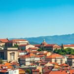 Braga város látképe a templomokkal és hegyekkel