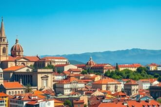 Braga város látképe a templomokkal és hegyekkel