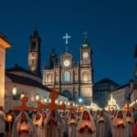 Braga Nagyhét körmenet éjszakai fényben, vallásos hagyományok és ünneplés.