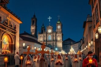 Braga Nagyhét körmenet éjszakai fényben, vallásos hagyományok és ünneplés.