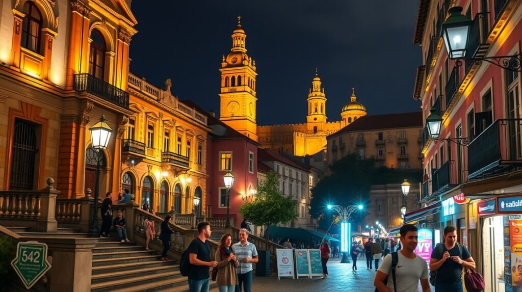 Braga város esti élete fiatalokkal a kávézókkal és bárokkal.