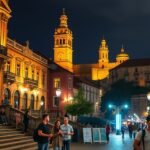 Braga város esti élete fiatalokkal a kávézókkal és bárokkal.