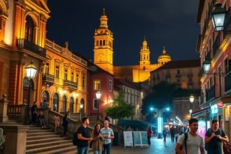 Braga város esti élete fiatalokkal a kávézókkal és bárokkal.