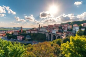 Braga város panorámája a napfényben, gyönyörű épületekkel és zöld növényzettel.