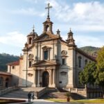 A Chagas templom Lamegoban, lenyűgöző építészettel és zöld környezettel.