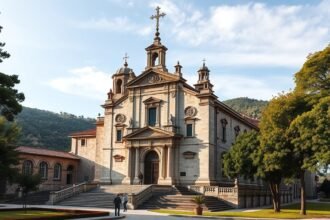 A Chagas templom Lamegoban, lenyűgöző építészettel és zöld környezettel.