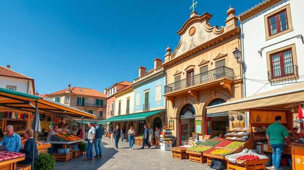 Lamego városi piac színes árusai friss termékekkel és helyi borokkal.