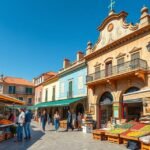 Lamego városi piac színes árusai friss termékekkel és helyi borokkal.