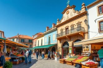 Lamego városi piac színes árusai friss termékekkel és helyi borokkal.
