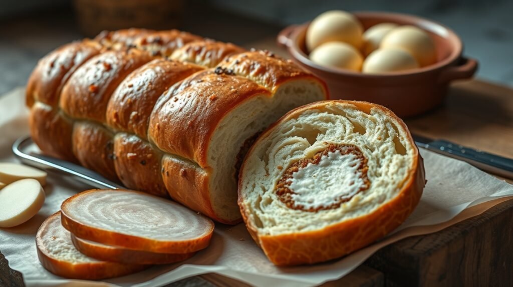 Friss Bôla de Lamego töltött kenyér és sonkák egy tálon