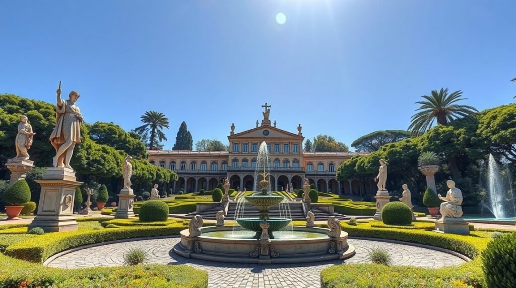 A Püspöki Palota kertje Castelo Branco városában, díszkutakkal és szobrokkal.