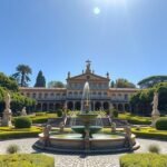 A Püspöki Palota kertje Castelo Branco városában, díszkutakkal és szobrokkal.