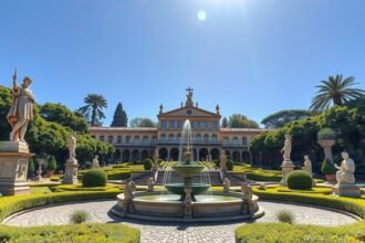 A Püspöki Palota kertje Castelo Branco városában, díszkutakkal és szobrokkal.