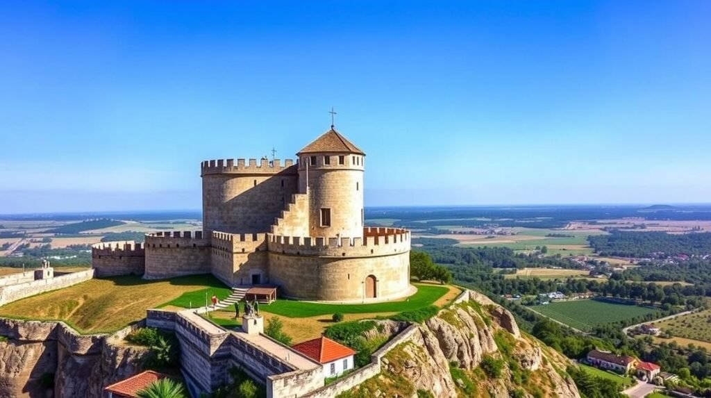 Castelo Branco Templomosok vára a dombokon, gyönyörű kilátással.