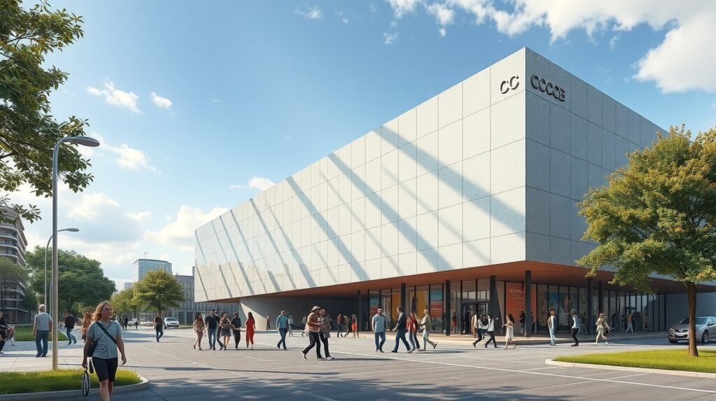 A Castelo Branco Kortárs Kultúra Központ modernek, főbejárat előtt sétáló látogatók.