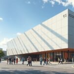 A Castelo Branco Kortárs Kultúra Központ modernek, főbejárat előtt sétáló látogatók.