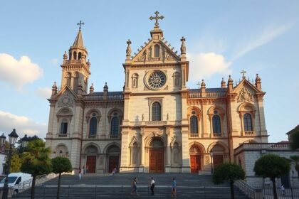 A Szent Mihály-katedrális (Sé) lenyűgöző külső nézete Castelo Branco-ban.