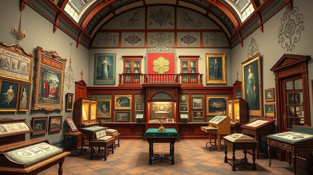 Castelo Branco Hímzés Múzeuma belső tere, gyönyörű textilművészet kiállítással.