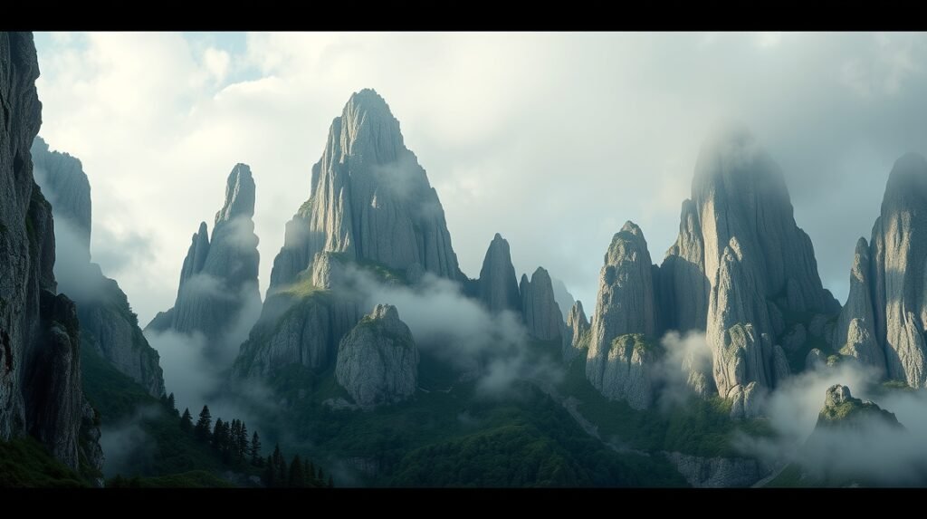 A Csalhó-hegység sziklaóriásai ködben egy mesés tájban.