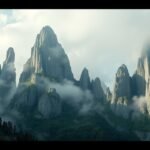 A Csalhó-hegység sziklaóriásai ködben egy mesés tájban.