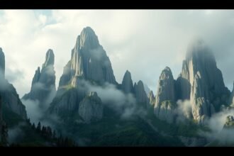 A Csalhó-hegység sziklaóriásai ködben egy mesés tájban.