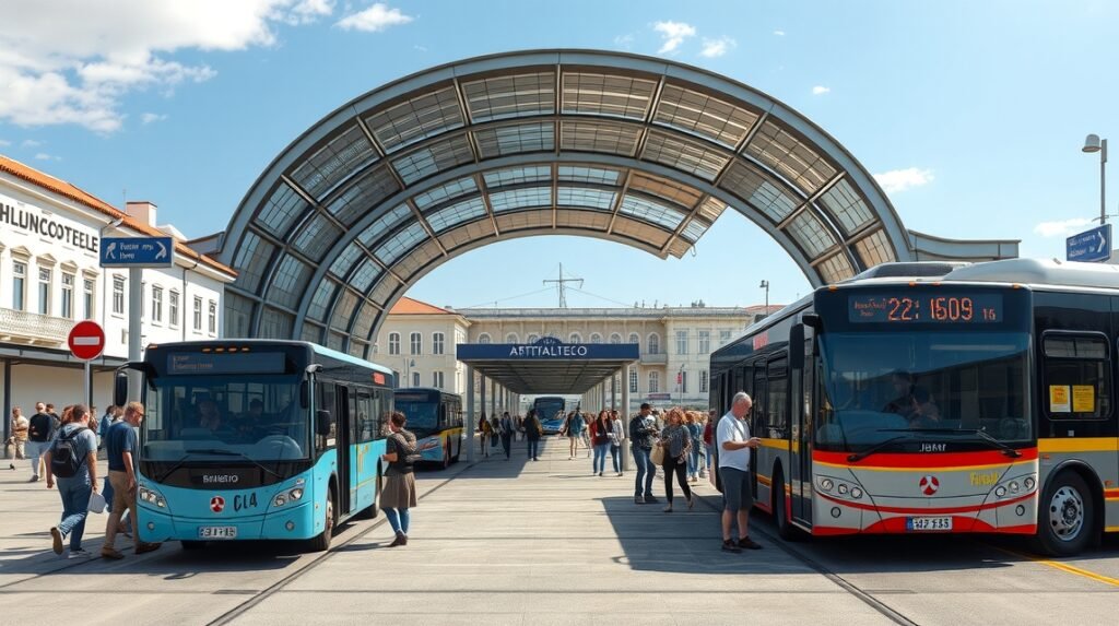 Modern bus station in Castelo Branco, Portugal with travelers