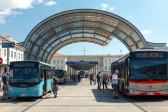 Modern bus station in Castelo Branco, Portugal with travelers