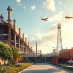 A Parque Fundidora ipari park látképe Monterreyben, zöld növényzet között.