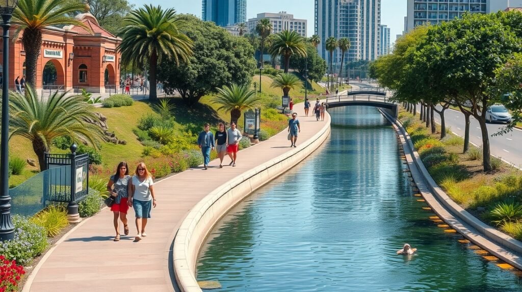 Séta a Paseo Santa Lucía mesterséges folyó partján Monterreyben
