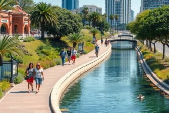 Séta a Paseo Santa Lucía mesterséges folyó partján Monterreyben